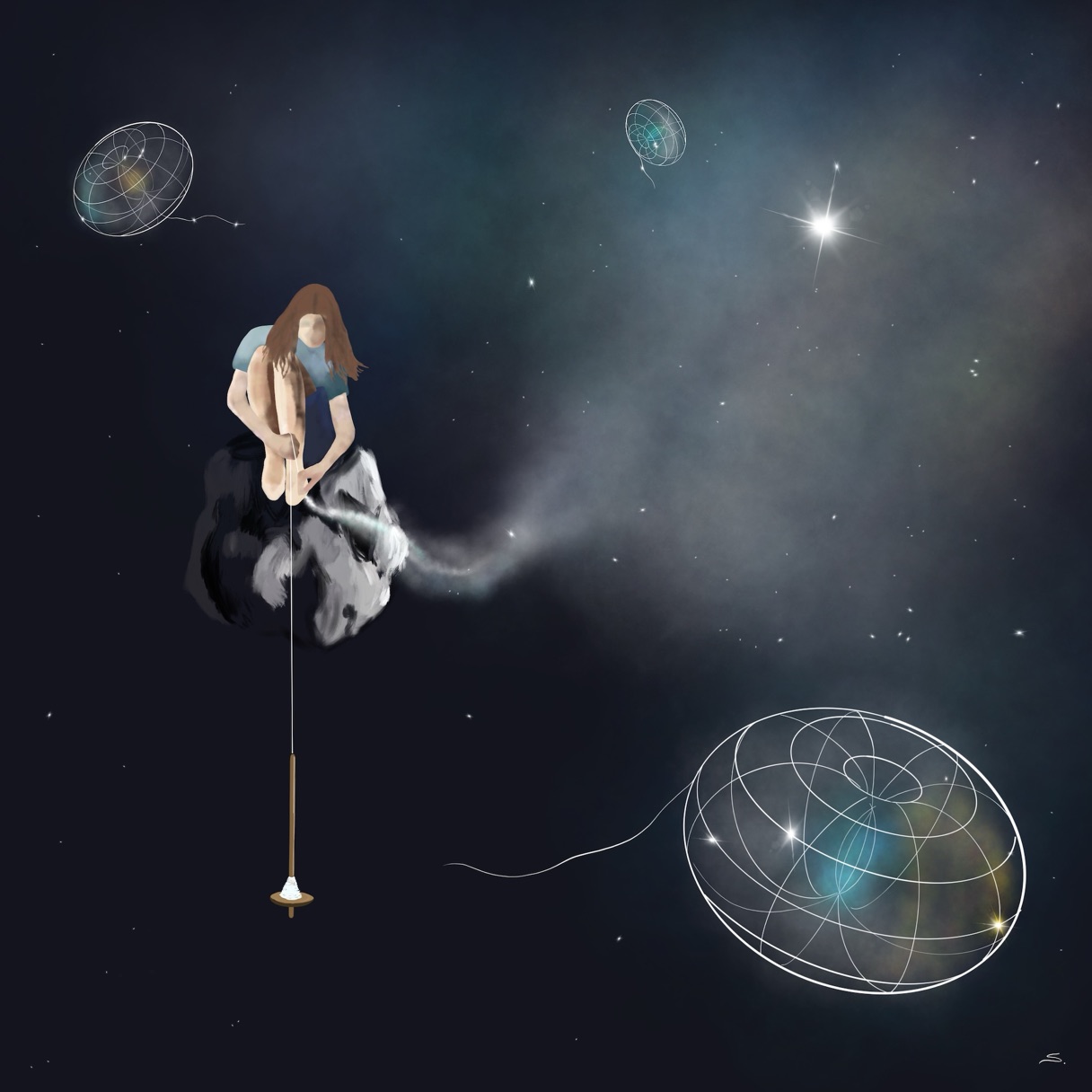 digital illustration of a person spinning yarn on an asteroid with a drop spindle in space with multiple spindle tori in the scene and gas trailing from the person's rock and threads trailing from each torus.
